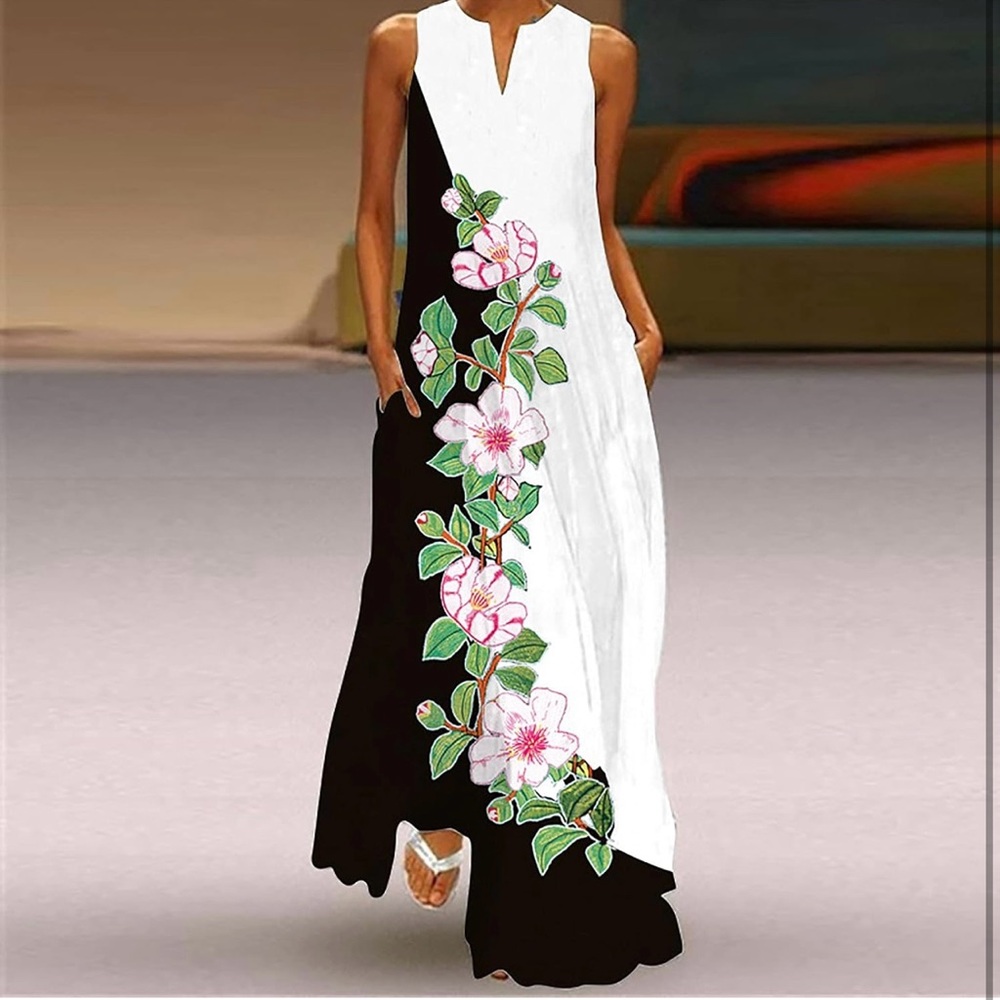 Summer Women Print V Neck Maxi Loose Dress Boho Beach Long Sundress With Pockets